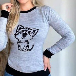 HANDMADE Women's round neck CUTE CAT Long Sleeve Soft Stretch  Knit Top Sweater